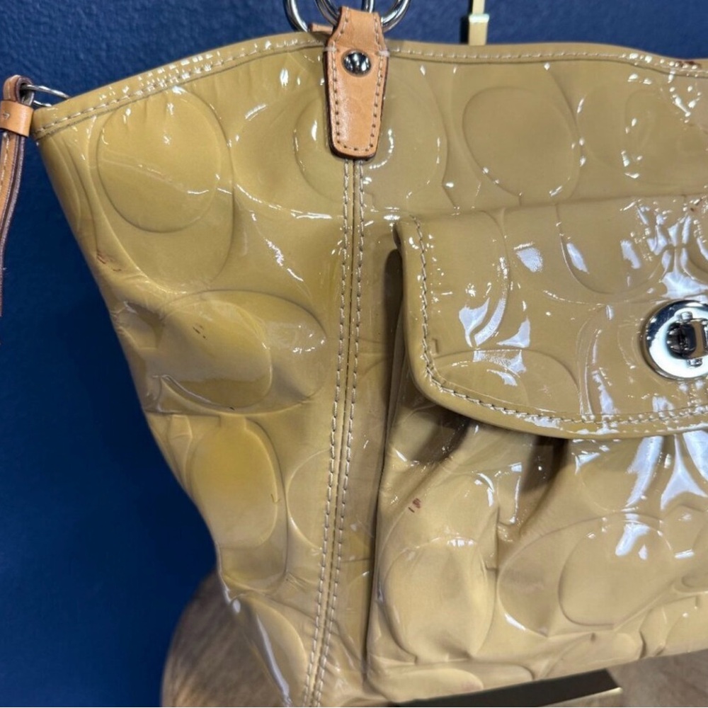 Coach Yellow Patent Leather Shoulder Tote with Tan Straps - Picture 6 of 8